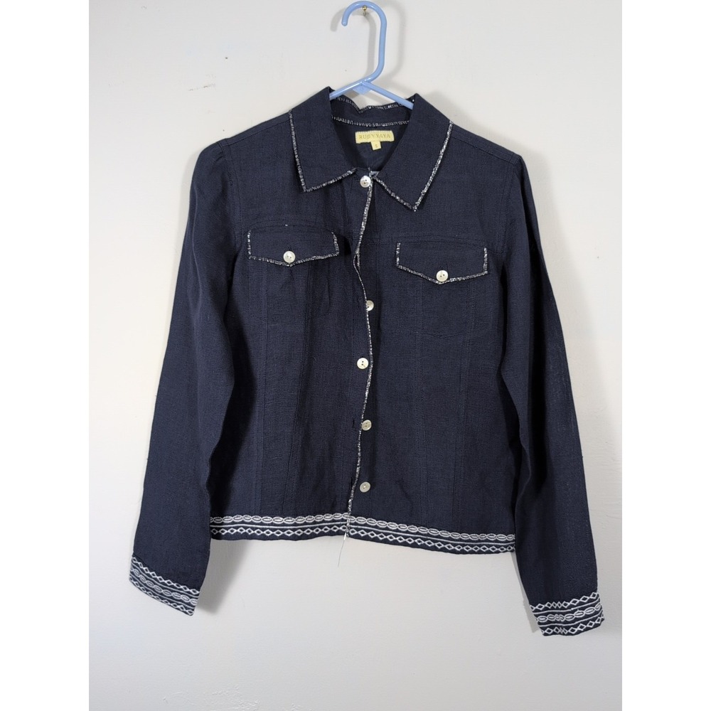 RUBY YAYA size S blue linen collared button floral shirt long sleeve bohemian